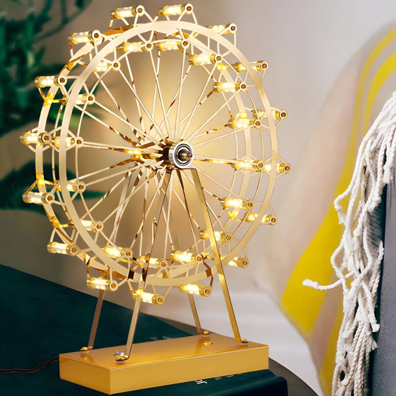 Elegante LED tafellamp van goudkleurig ijzer met aanraaksensor in reuzenraddesign