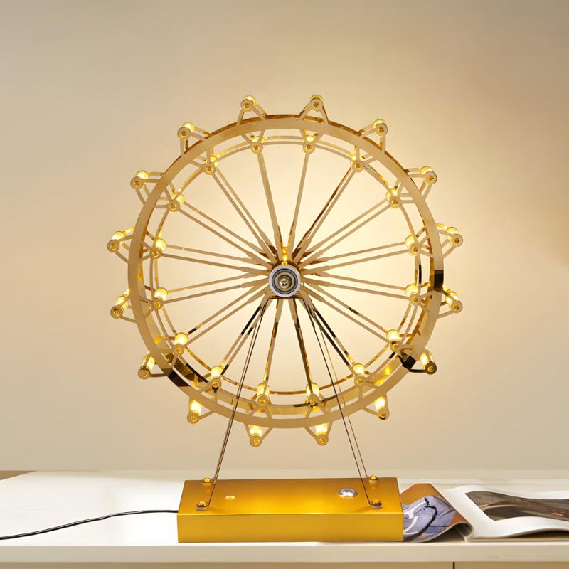 Elegante LED tafellamp van goudkleurig ijzer met aanraaksensor in reuzenraddesign