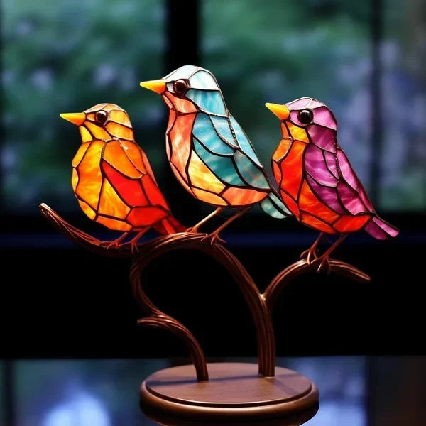 GlasInLood Handgemaakte Glazen Vogel Lamp | Kleurrijke LED Tafellamp van Glas-in-Lood voor Unieke Interieurdecoratie