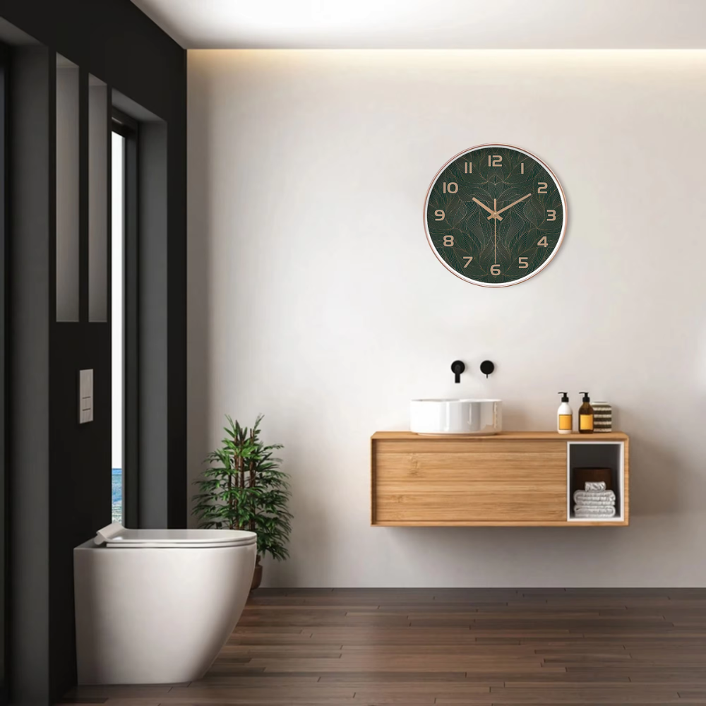Groene Blad Wandklok Rond Stil Ontwerp met Gouden Accenten
