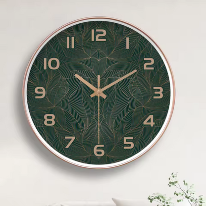 Groene Blad Wandklok Rond Stil Ontwerp met Gouden Accenten