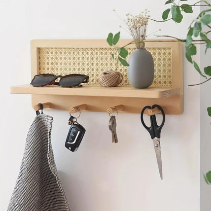 Vintage Houten Wandplank met Haakjes – Stijlvolle Opberger voor Hal, Kantoor of Woonkamer