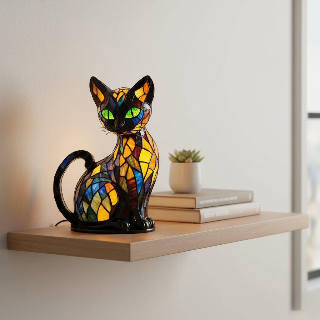 Graceful Feline Stained Glass Table Lamp