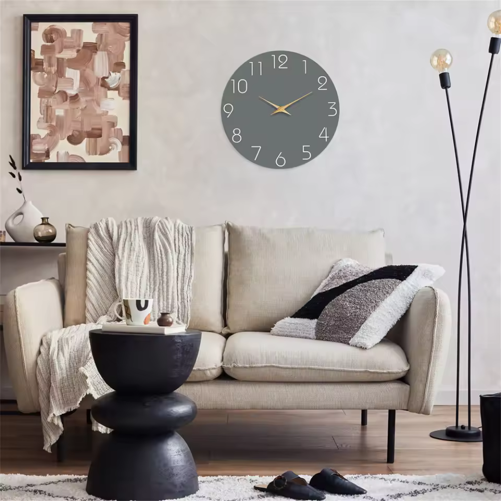 Casual Donkergrijze Houten Wandklok Silent Quartz