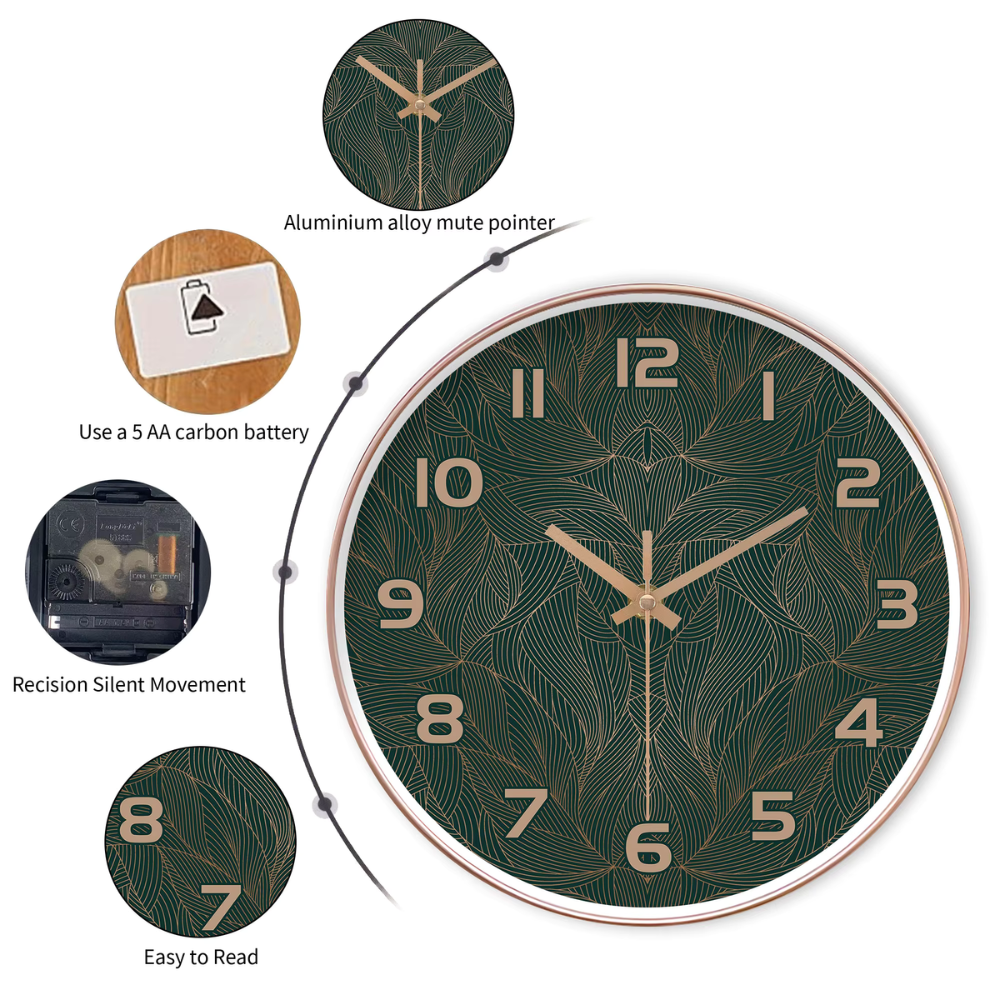 Groene Blad Wandklok Rond Stil Ontwerp met Gouden Accenten
