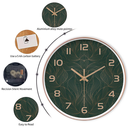 Groene Blad Wandklok Rond Stil Ontwerp met Gouden Accenten