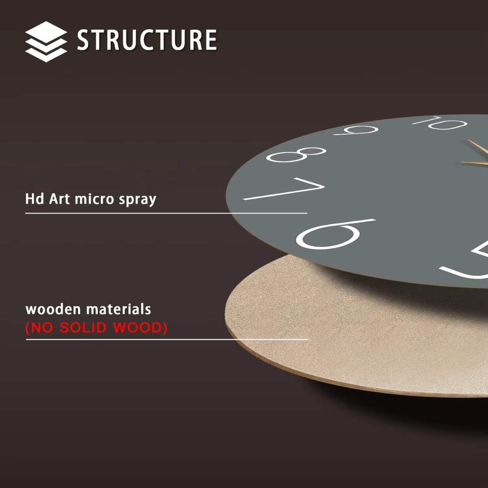 Casual Donkergrijze Houten Wandklok Silent Quartz