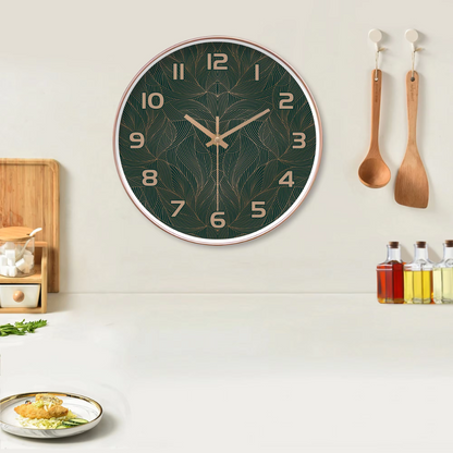 Groene Blad Wandklok Rond Stil Ontwerp met Gouden Accenten