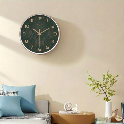 Groene Blad Wandklok Rond Stil Ontwerp met Gouden Accenten