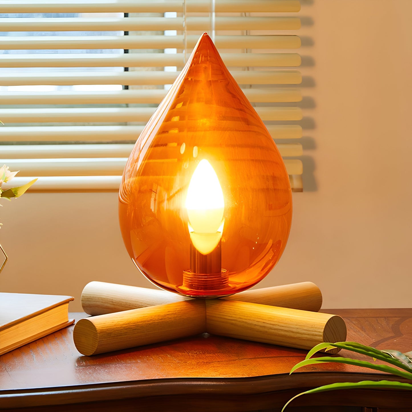 Kampvuurlamp | Stijlvolle tafellamp met houten voet