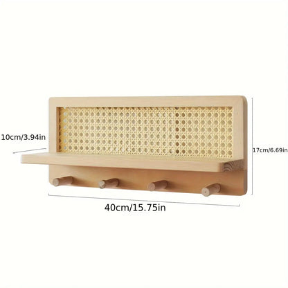Vintage Houten Wandplank met Haakjes – Stijlvolle Opberger voor Hal, Kantoor of Woonkamer